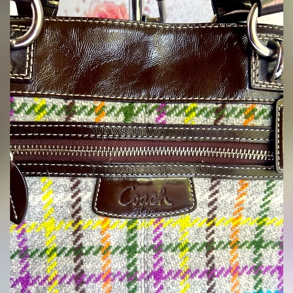 Coach Multicolor Plaid Shoulder Bag with Brown Leather